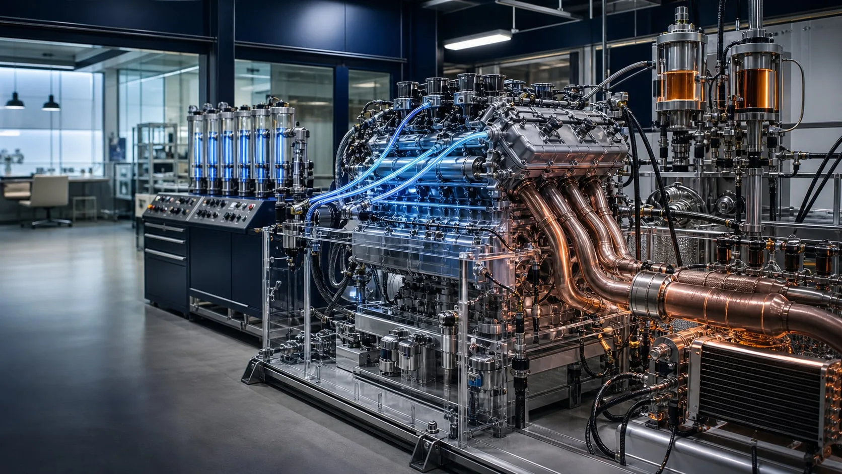 Een racemotor op een transparante testbank die energieverlies en verborgen kosten zichtbaar maakt