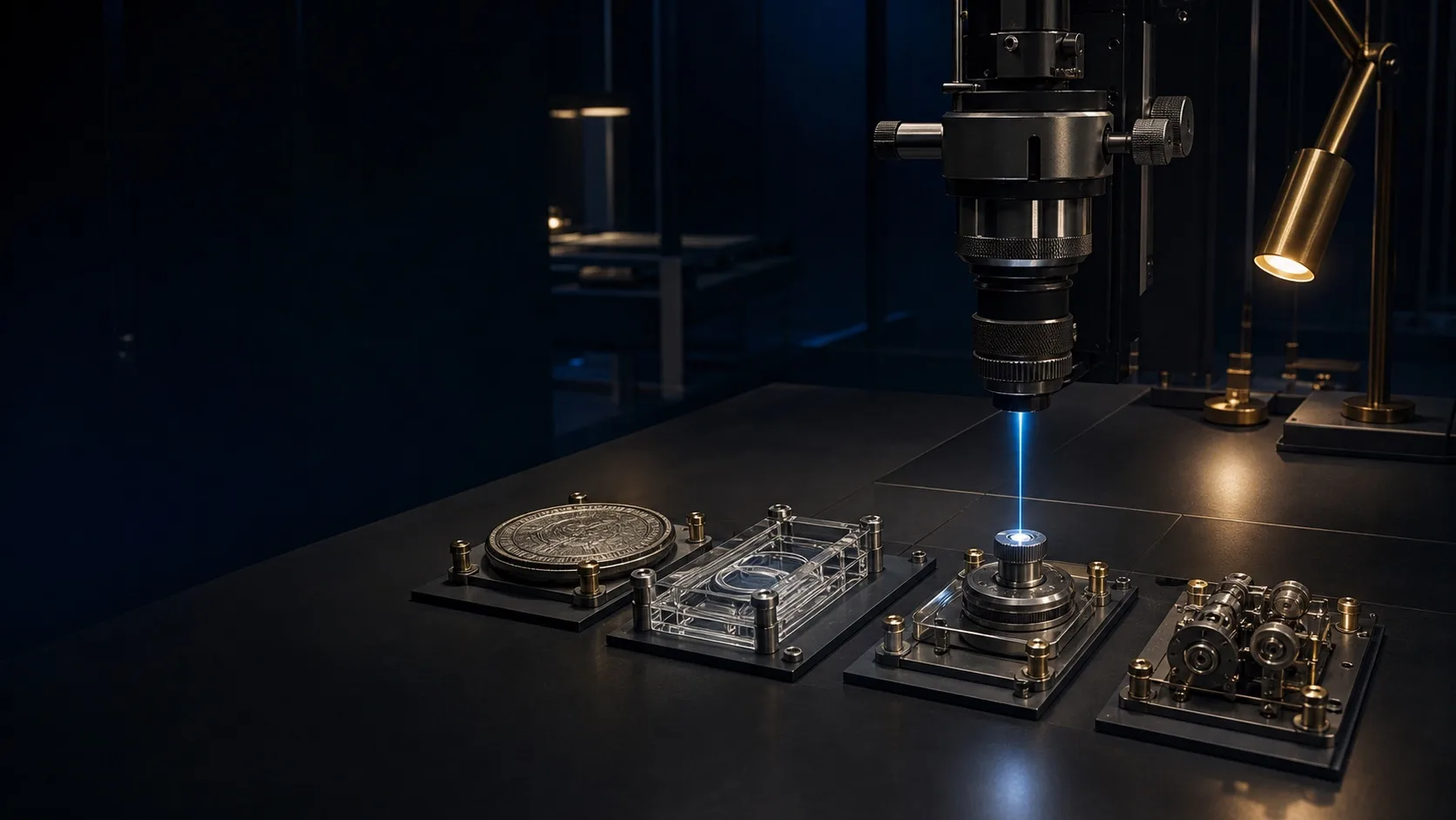 Precisie-instrument onderzoekt vier financiële bewijsstukken in een onafhankelijke researchruimte