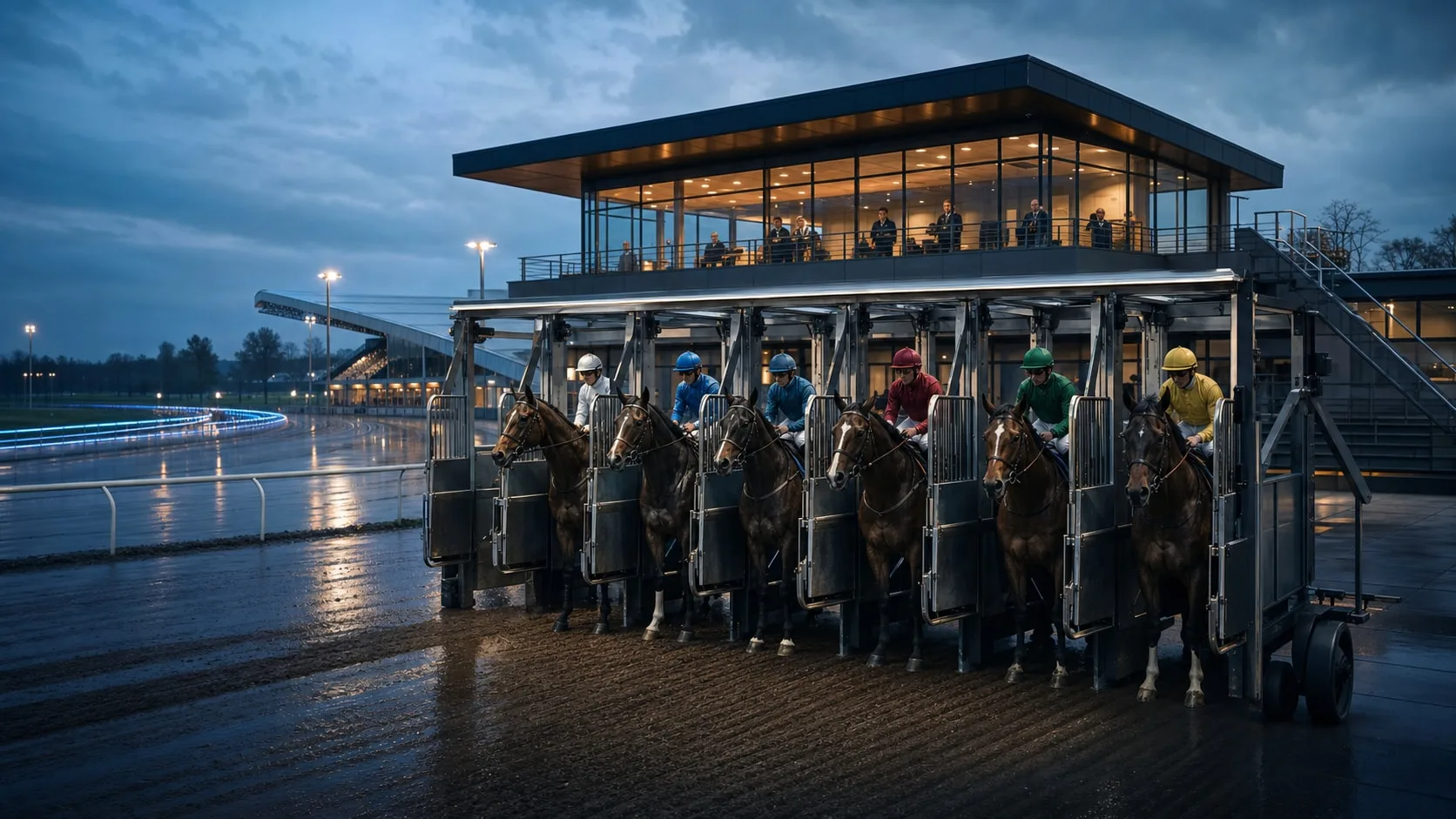 Meerdere renpaarden in afzonderlijke startposities onder toezicht van een Europese stewardsfaciliteit
