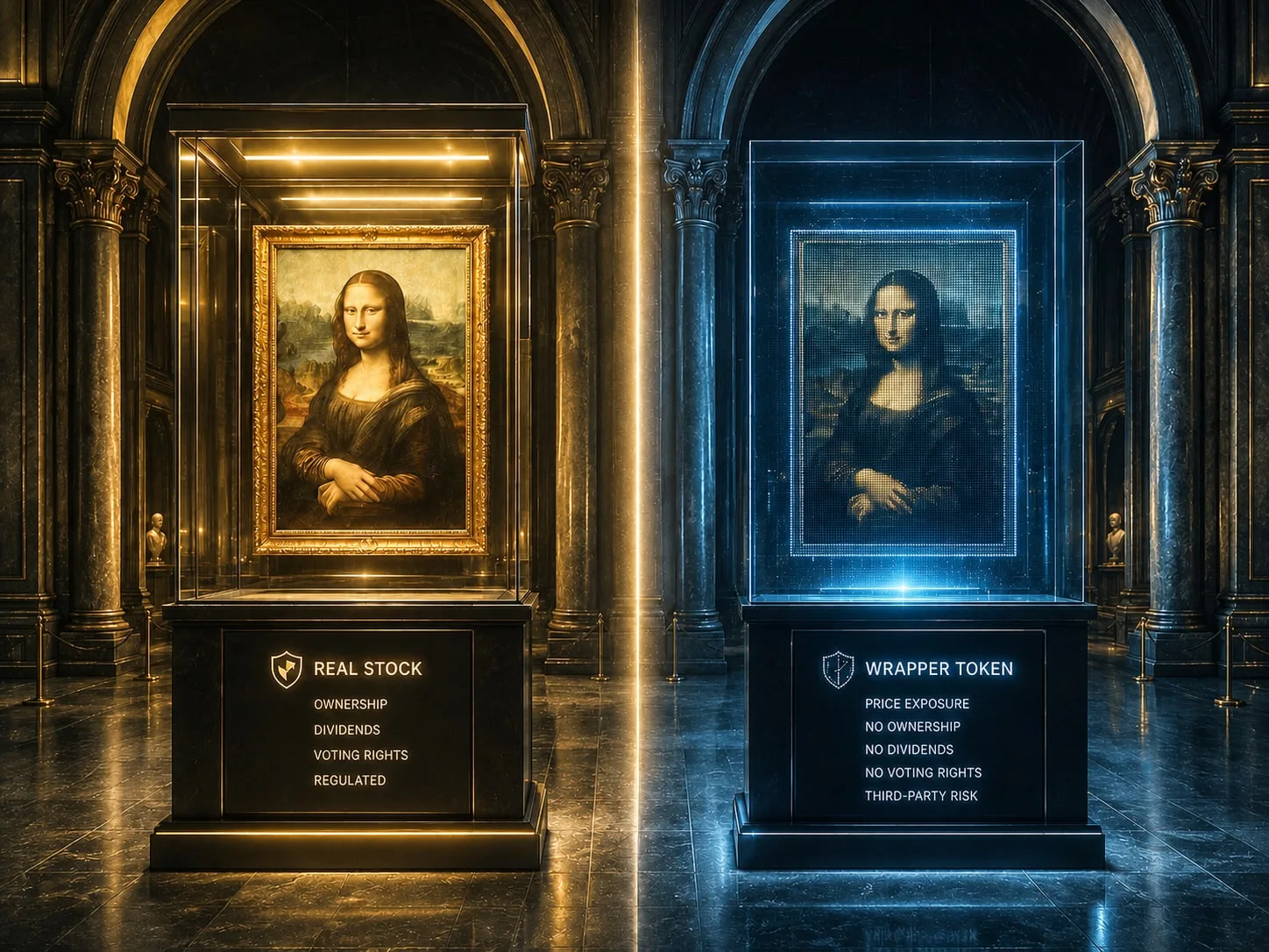 Illustratie: links een echte boom met wortels en vruchten (echt aandeel met eigendom), rechts een kunstmatige kopie zonder wortels (wrapper-token).