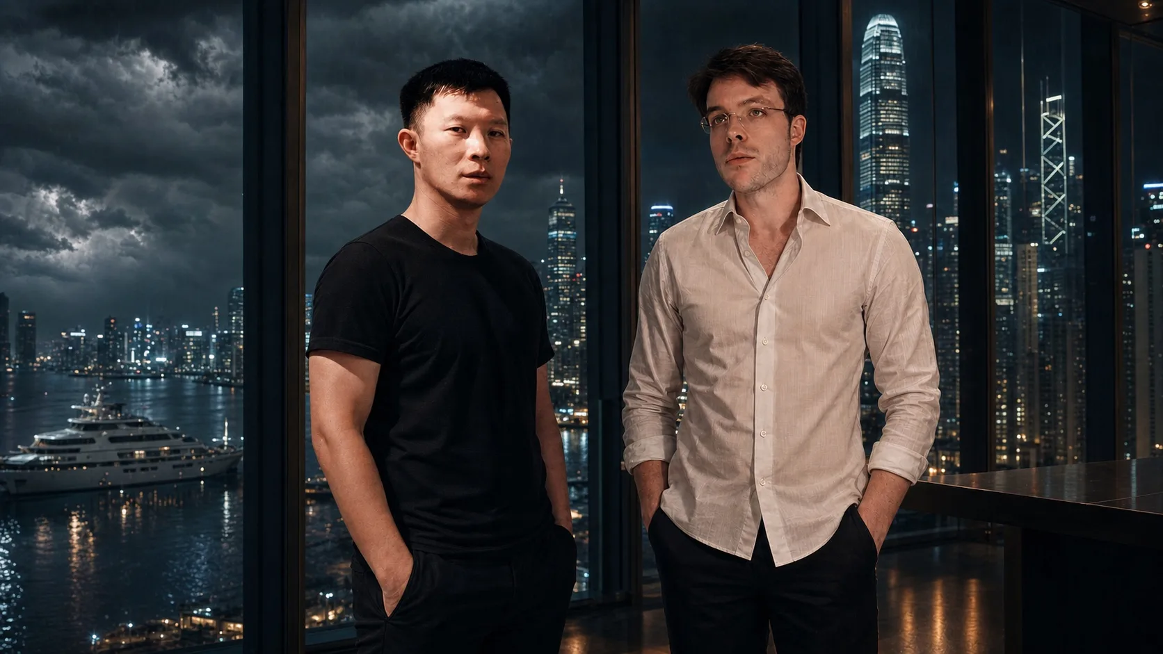 Su Zhu en Kyle Davies in een kantoor boven de haven, met het superjacht op de achtergrond