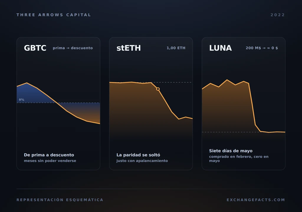 Representación esquemática de tres posiciones apalancadas de Three Arrows Capital: GBTC, stETH y LUNA, todas a la baja