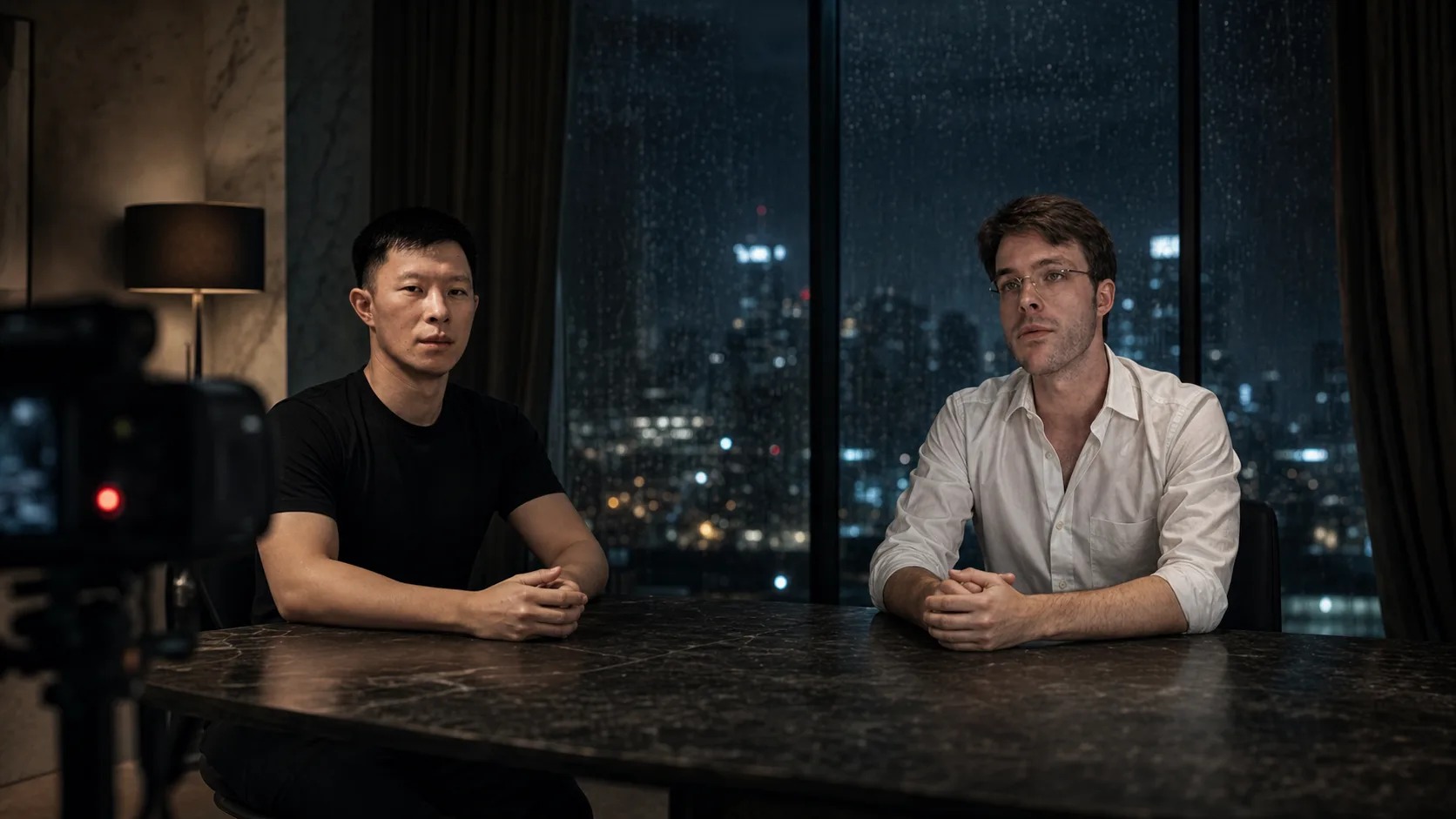 Su Zhu en Kyle Davies spreken voor een camera vanuit een anonieme locatie boven een regenachtige stad